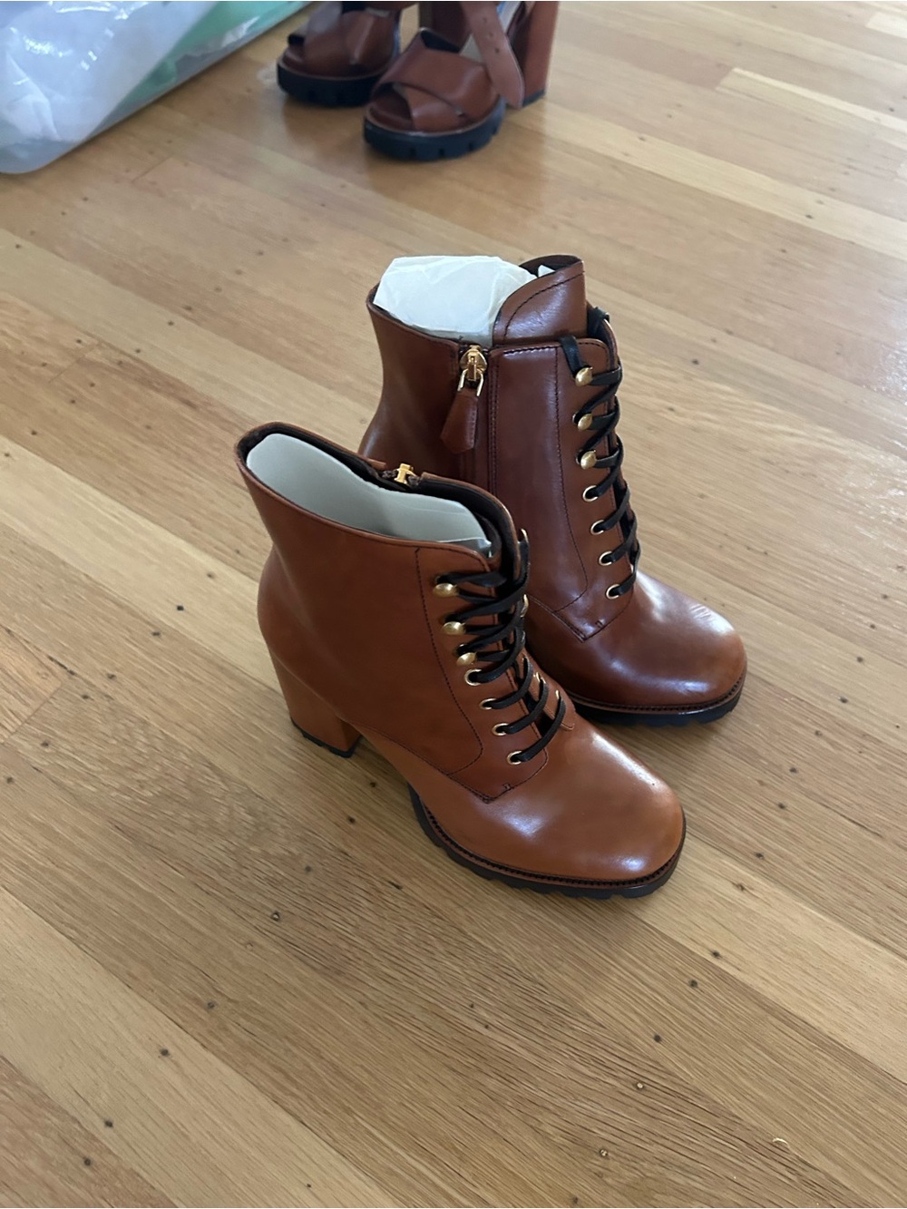 Cognac Lace-Up Leather Ankle Boots - Women